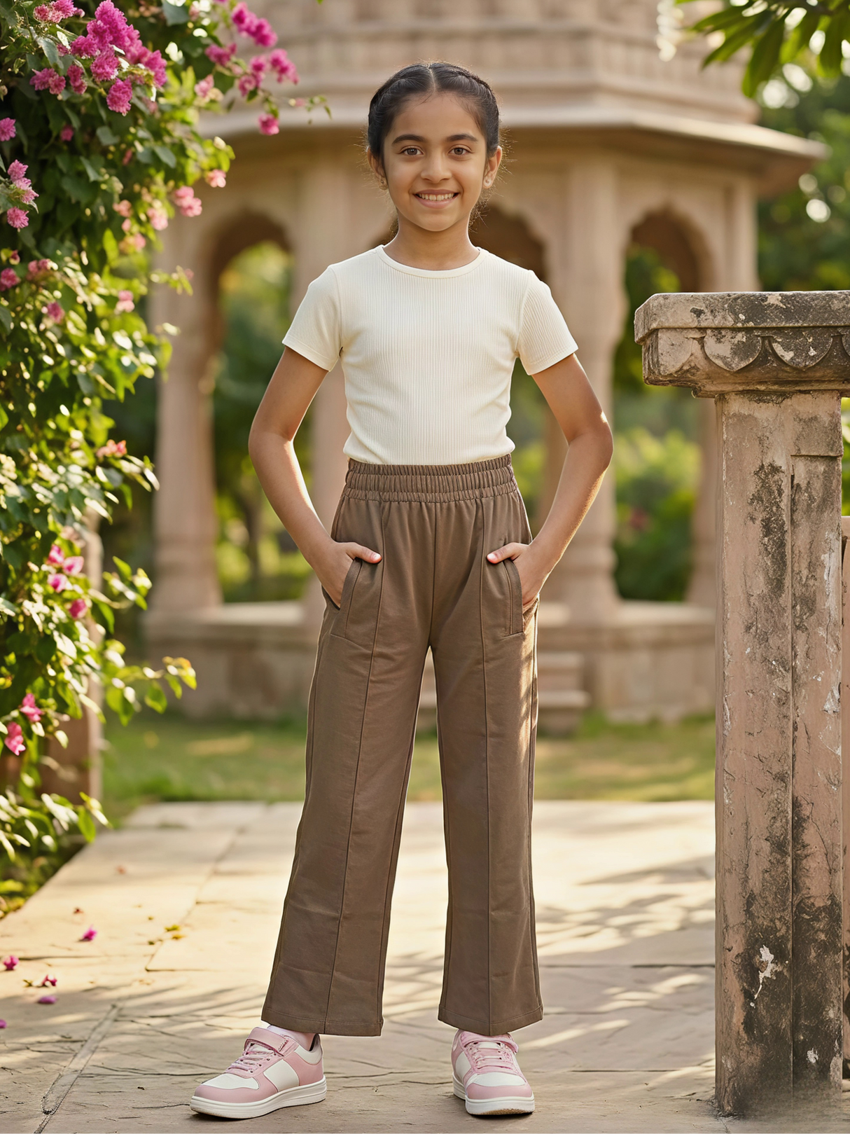 Girls Brown Comfortable Wide-Leg Culotte Pants