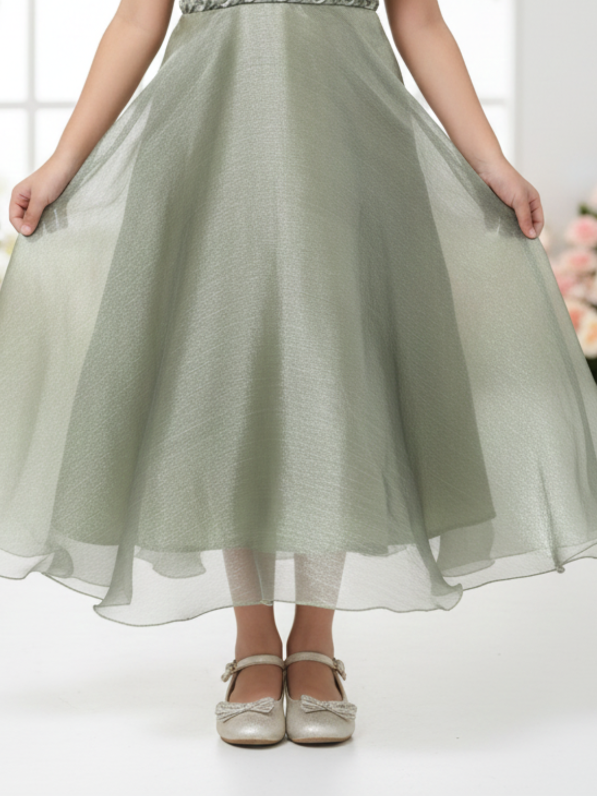 Girls Party Satin Western Gown With Work - Green