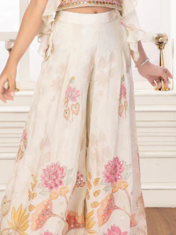 Girls' Chic Cream Embroidered Kurti & Wide-Leg Palazo Set (2-Piece)