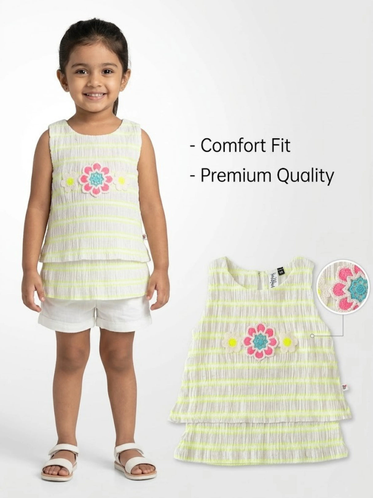 Girls Lime Green Striped Floral Frock