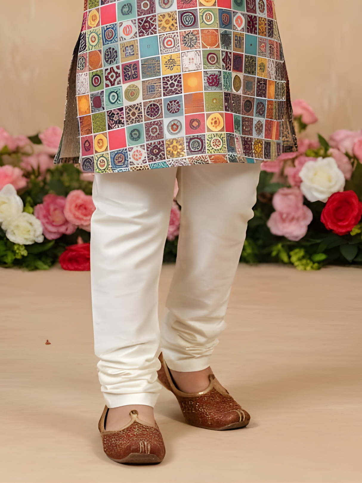 Boys' Multi-Color Mosaic Tile Print Kurta with Cream Pyjama Set.
