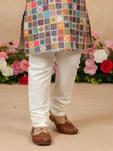 Boys' Multi-Color Mosaic Tile Print Kurta with Cream Pyjama Set.