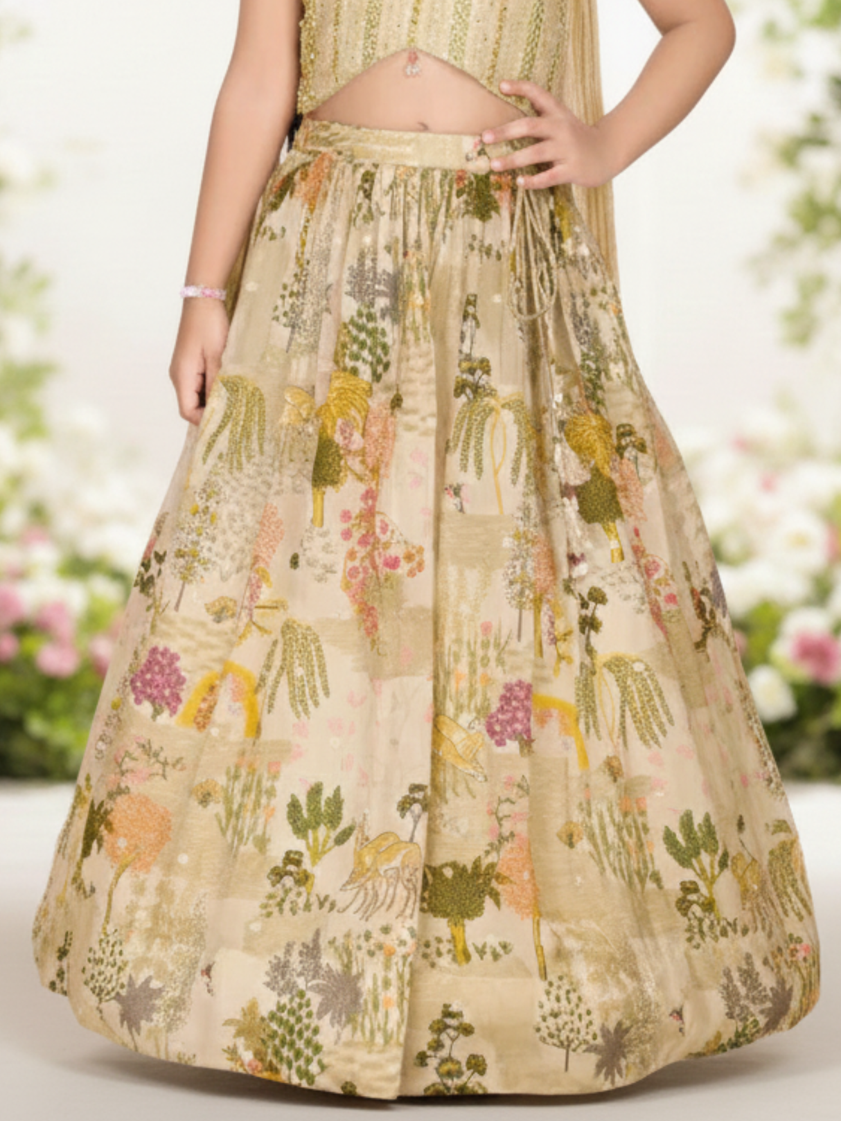 Girls' Fawn & Gold Embroidered Lehenga Choli with Khidki-Print Skirt.