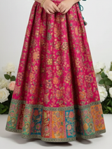 Girls' Fuchsia Pink Embroidered Choli, Striped Lehenga & Net Dupatta Set