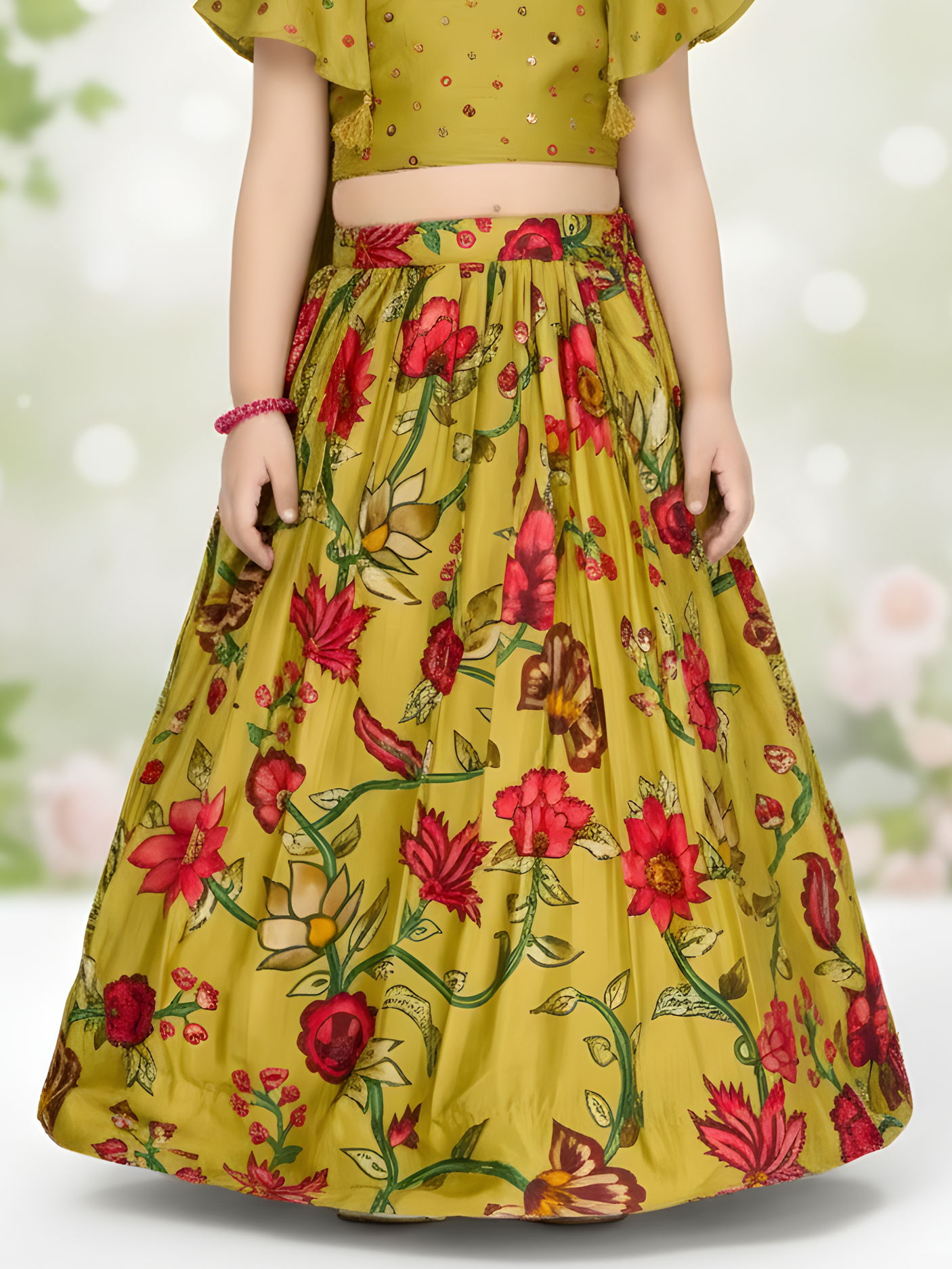 Girls' Green & Red Floral Printed Lehenga Choli Set.