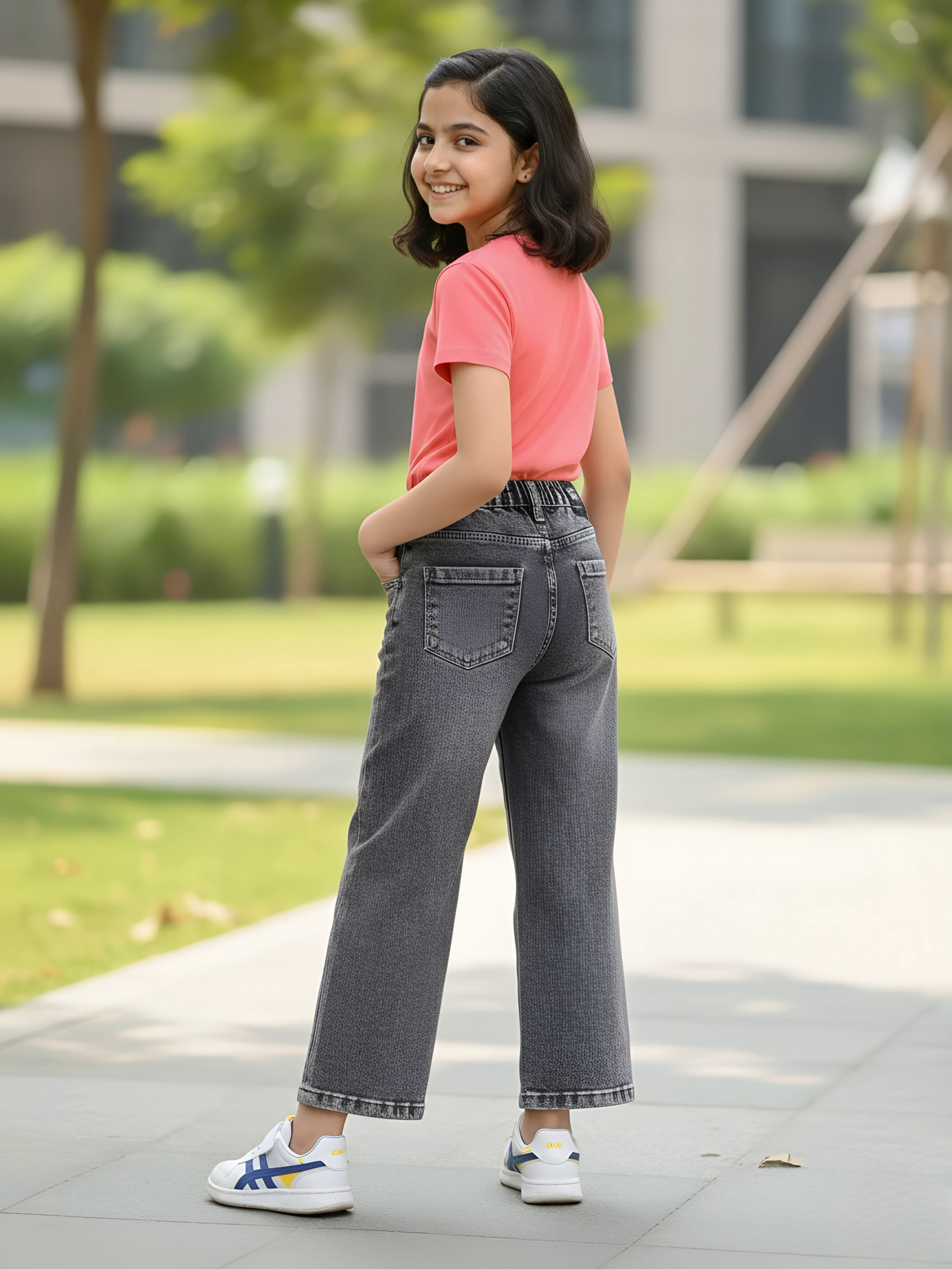 Girls' Grey High-Waisted Wide Leg Denim Jeans.