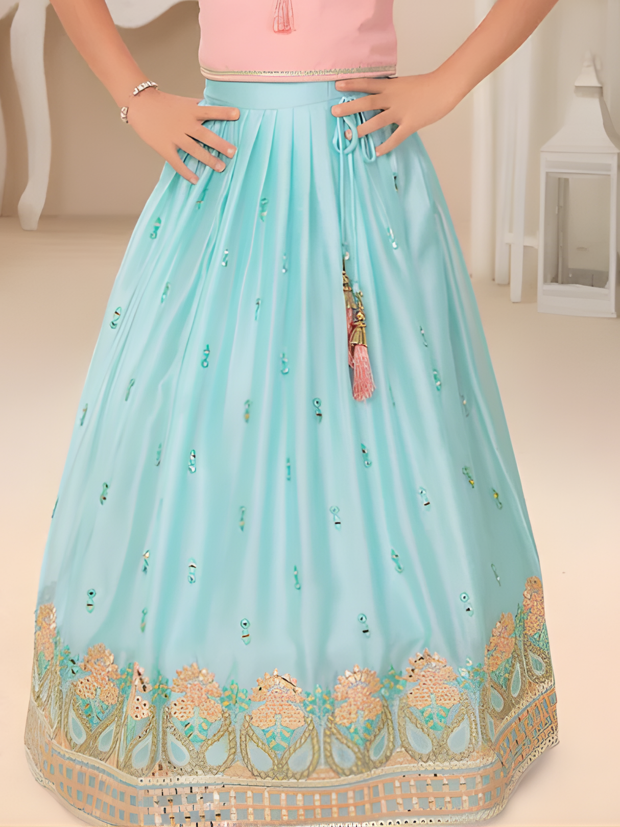 Girls' Mint Green Sequin and Mirror Work Lehenga Choli with Jacket