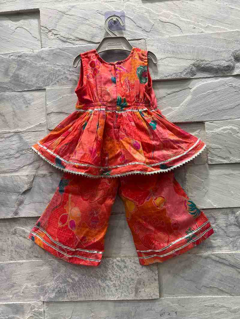Girls' Orange & Red Floral Sleeveless Ethnic Set with Palazzo & Dupatta