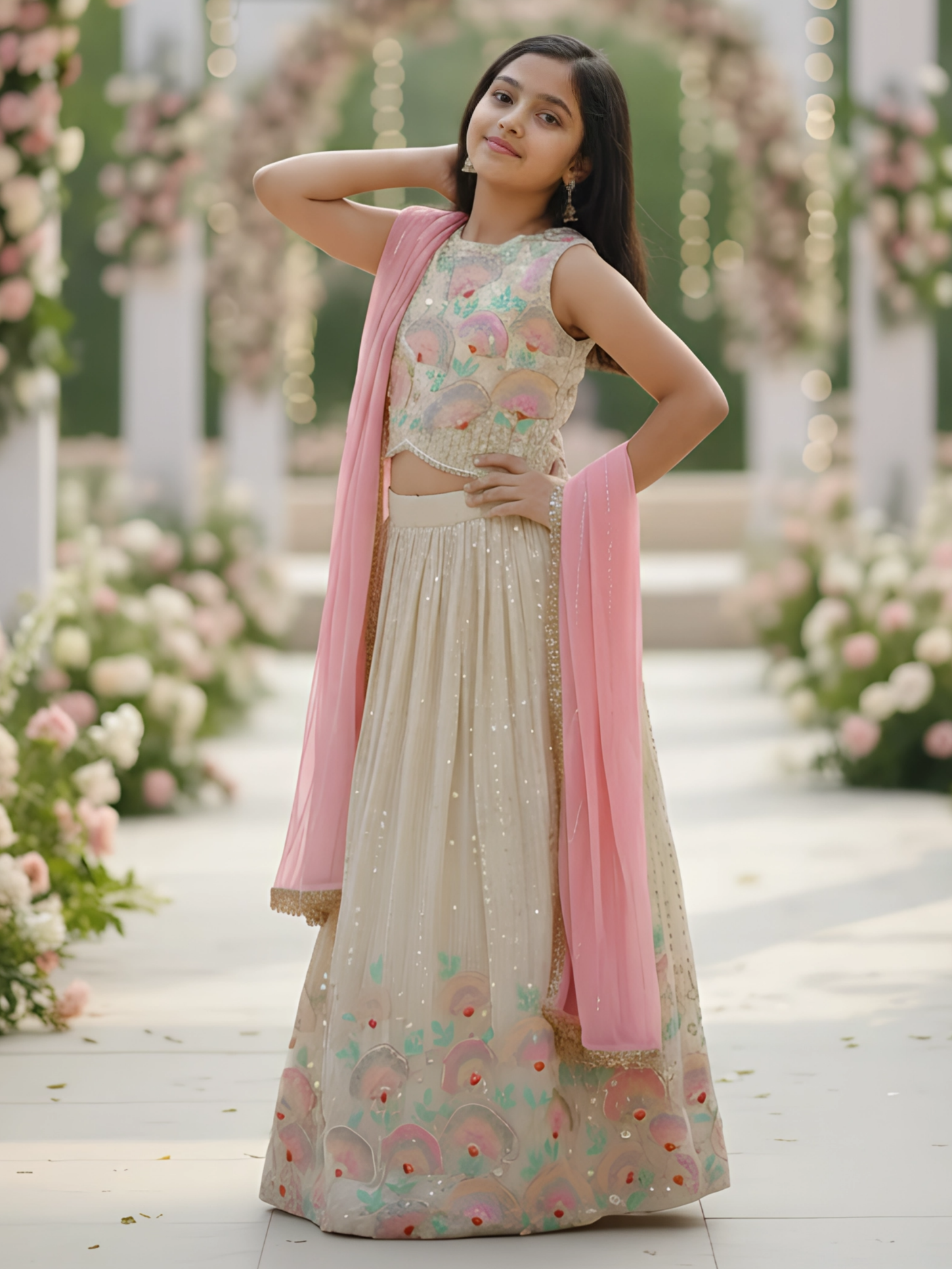 Girls' Elegant Cream Floral Embroidered Choli Set with Pink Dupatta