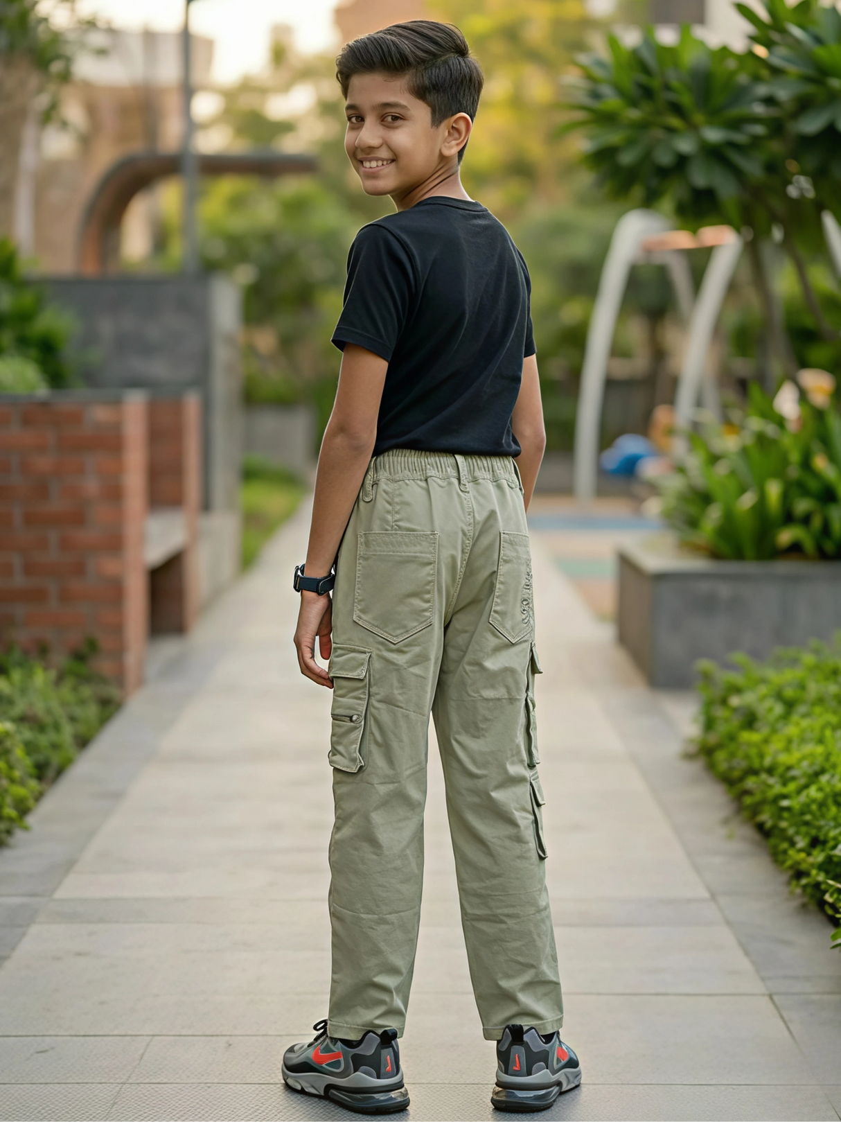 Kids' Utility Cargo Pants - Olive Green Multi-Pocket Drawstring Trousers.