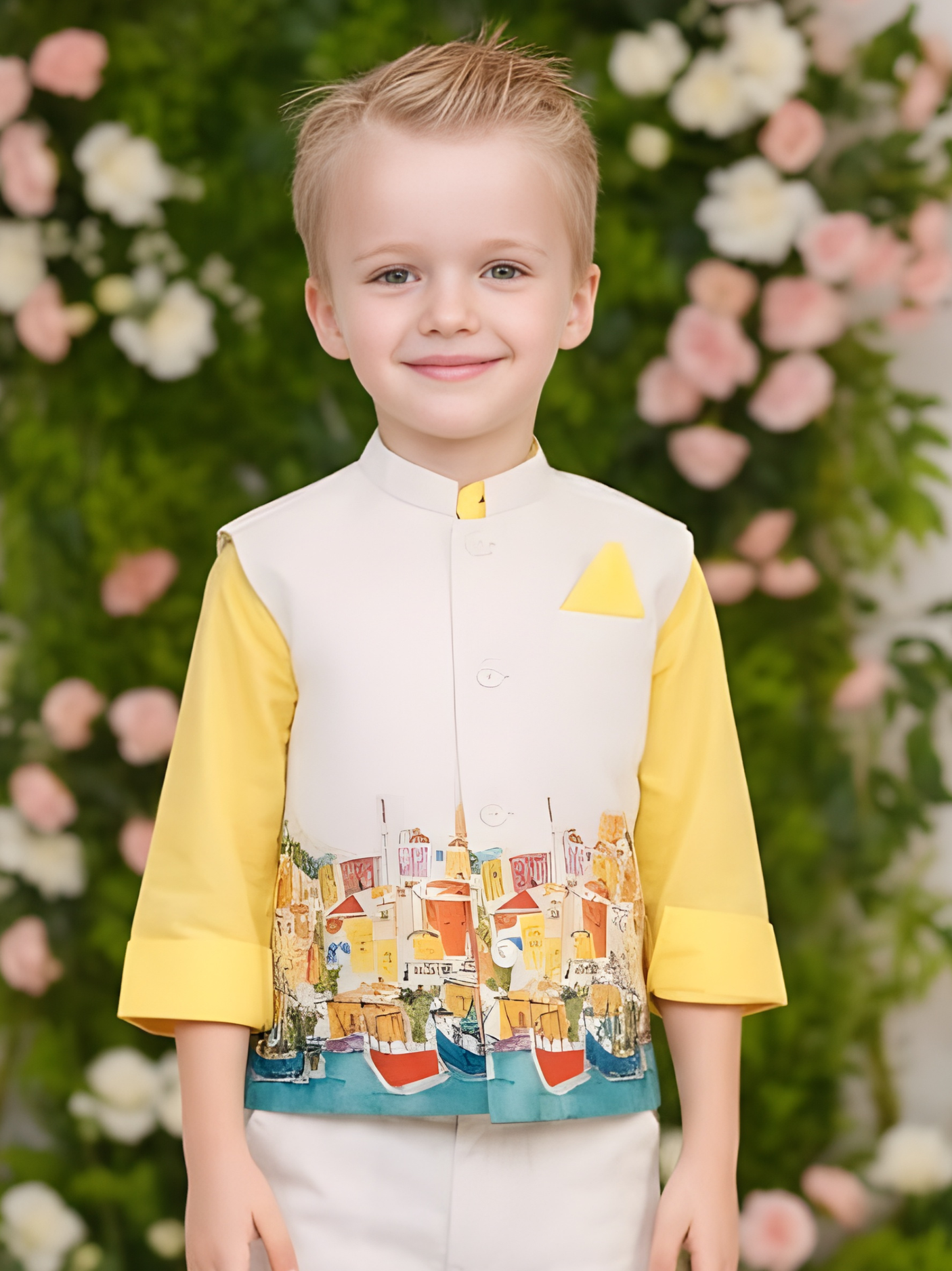 Boys' Cream Waistcoat with Boat/Cityscape Print, Yellow Kurta, and White Trousers Set