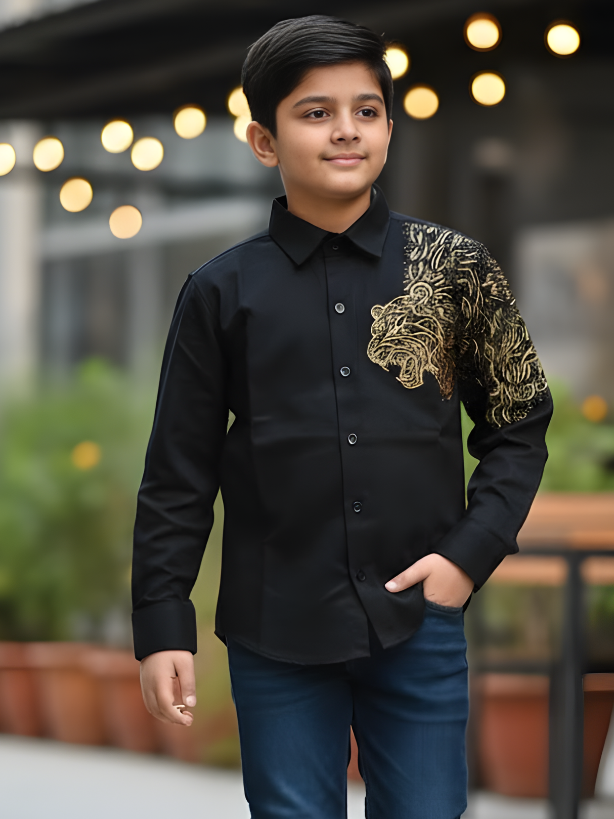 Boys Black & Gold Lion Art Party Wear Shirt