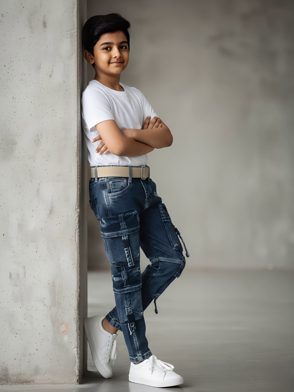 Boys Rugged Blue Multi-Pocket Cargo Jeans