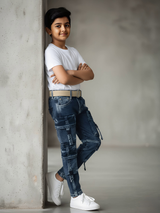 Boys Rugged Blue Multi-Pocket Cargo Jeans