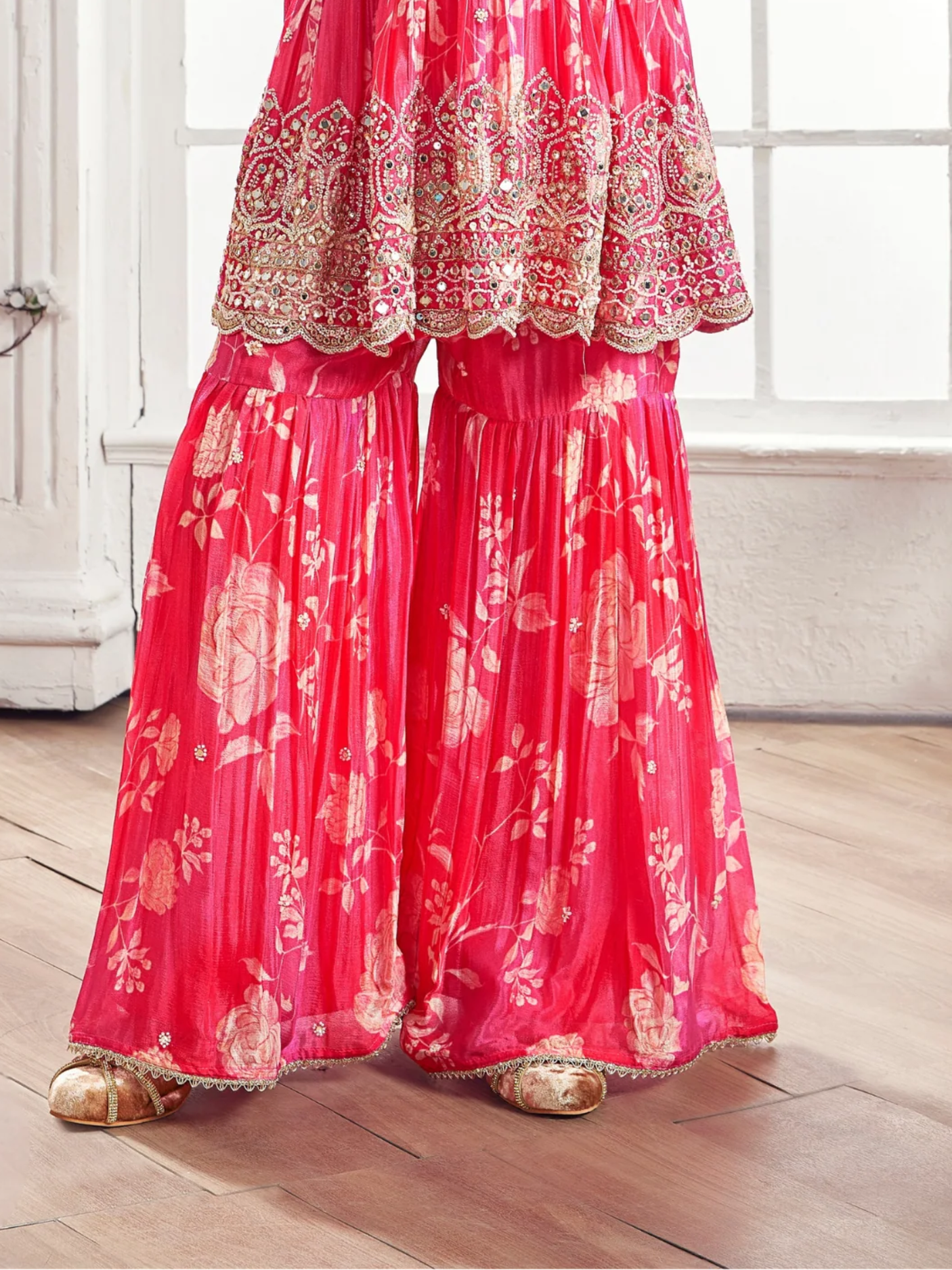 Girls' Festive Rani Pink Floral Print Gharara Suit with Heavy Yoke Embroidery