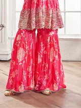 Girls' Festive Rani Pink Floral Print Gharara Suit with Heavy Yoke Embroidery