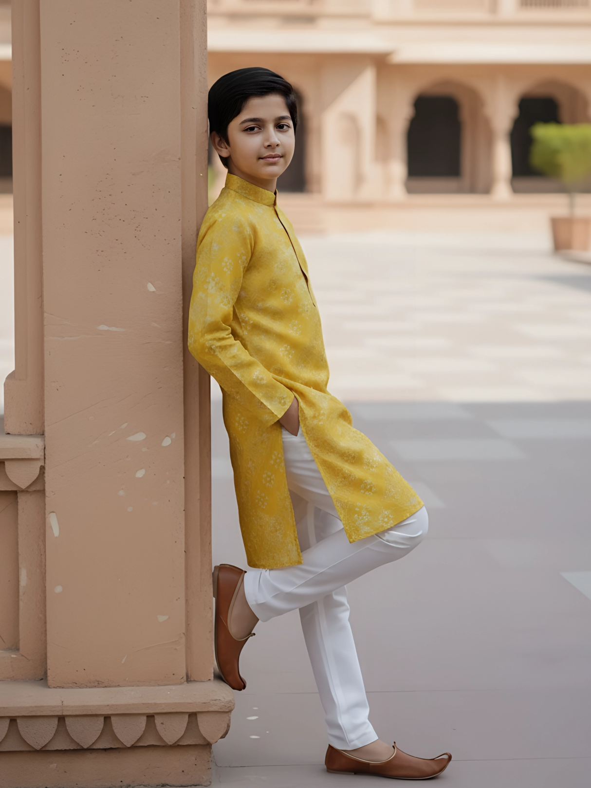 Boys' Vibrant Yellow Bandhani Print Kurta with White Pajama