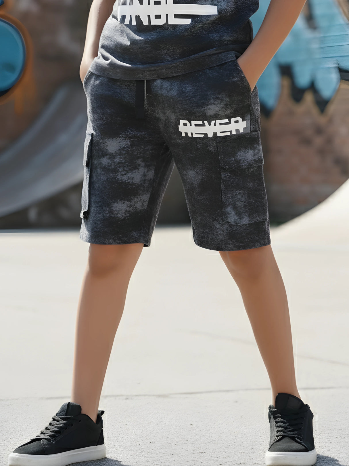 Boys Black Acid Wash 'Never' Graphic Shorts Set