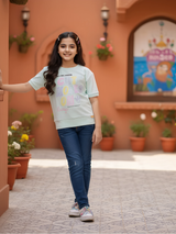 Girls' Pastel Light Blue Graphic Tee - "Cute Vibes" Casual Top