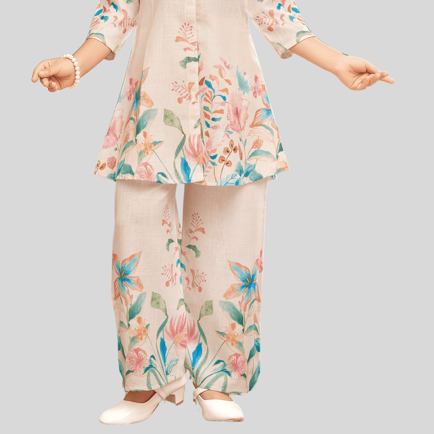 Girls Traditional 3/4th Sleeves Plazo Set - Cream