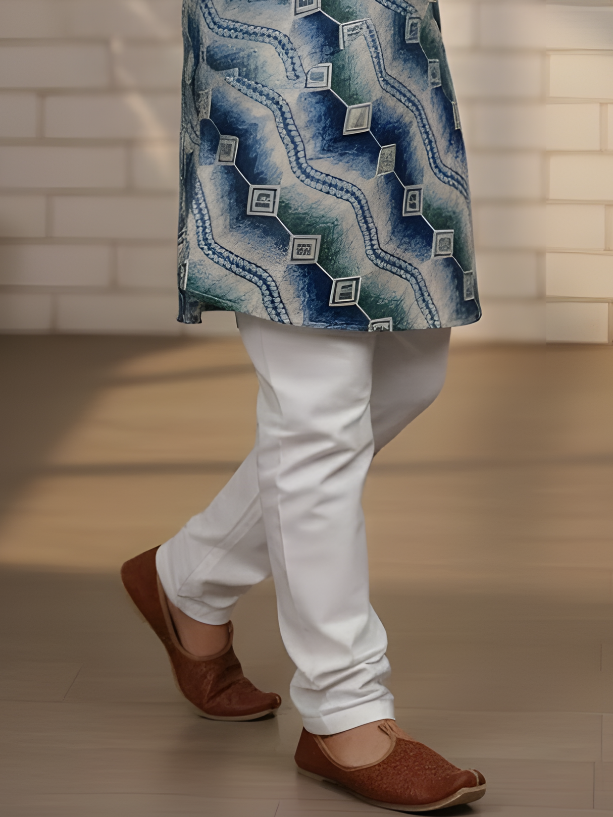 Premium Navy Blue Geometric Print Kurta with White Pajama