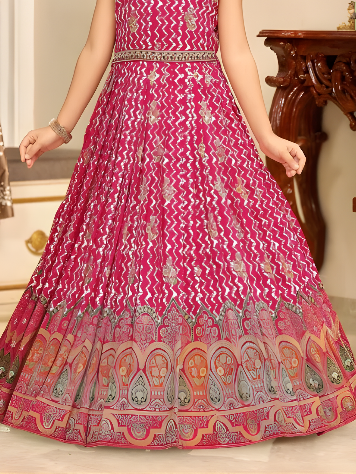 Girls Elegant Rani Pink Geometric Print Anarkali Gown