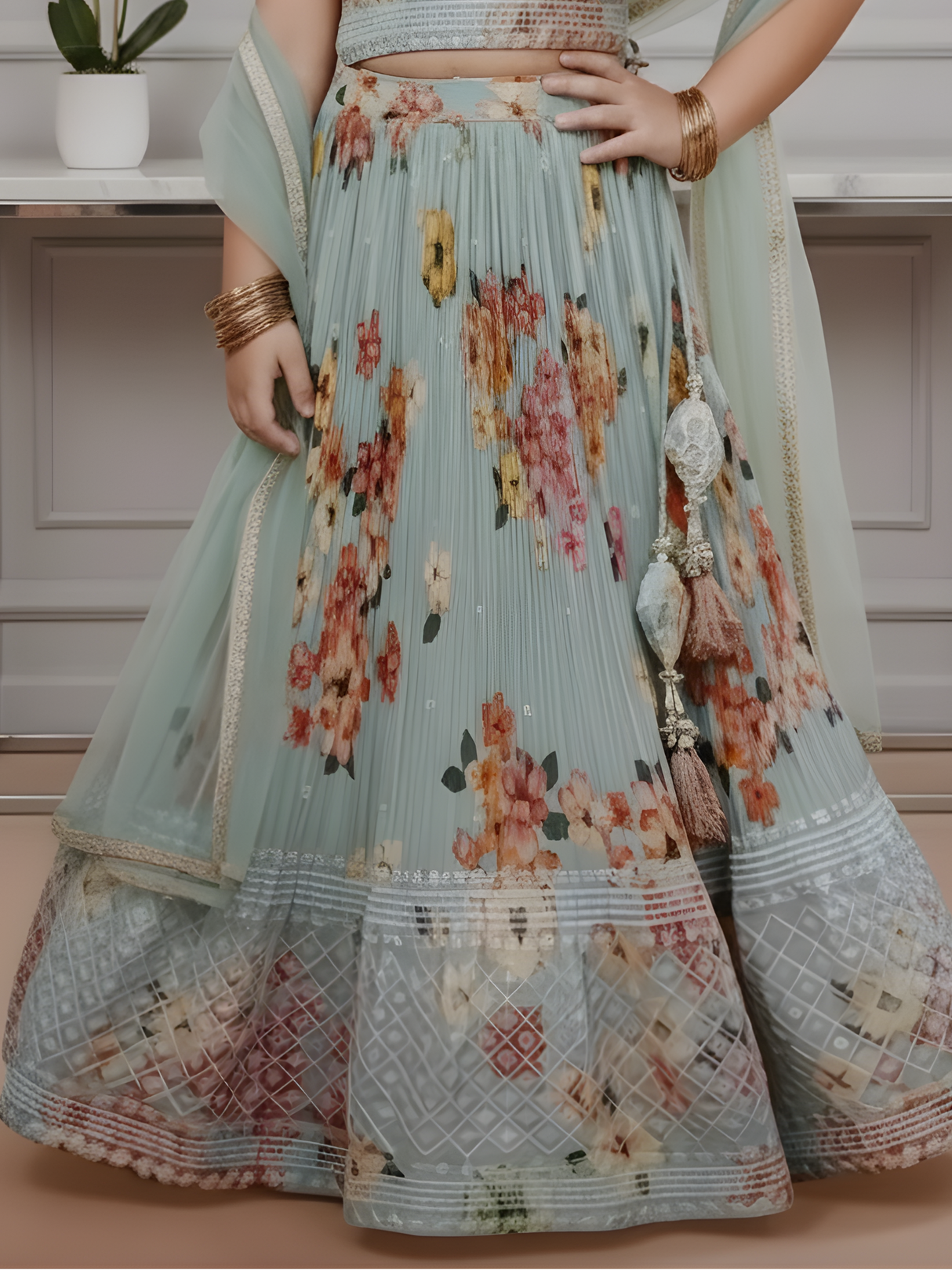 Girls' Sea Green Floral Printed Georgette Choli Lehenga Set