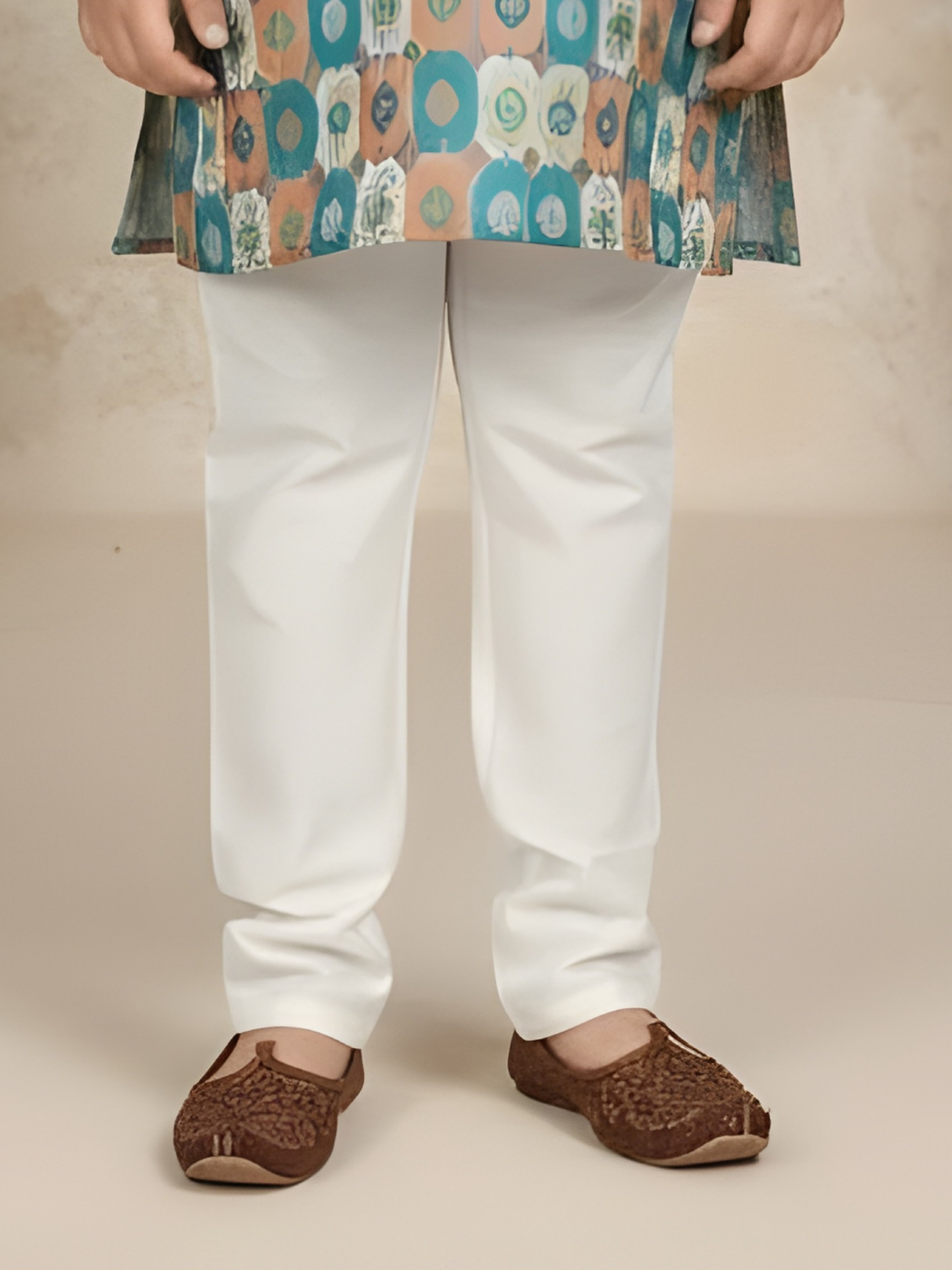 Boys' Teal & Orange Printed Kurta with Cream Pyjama Set.