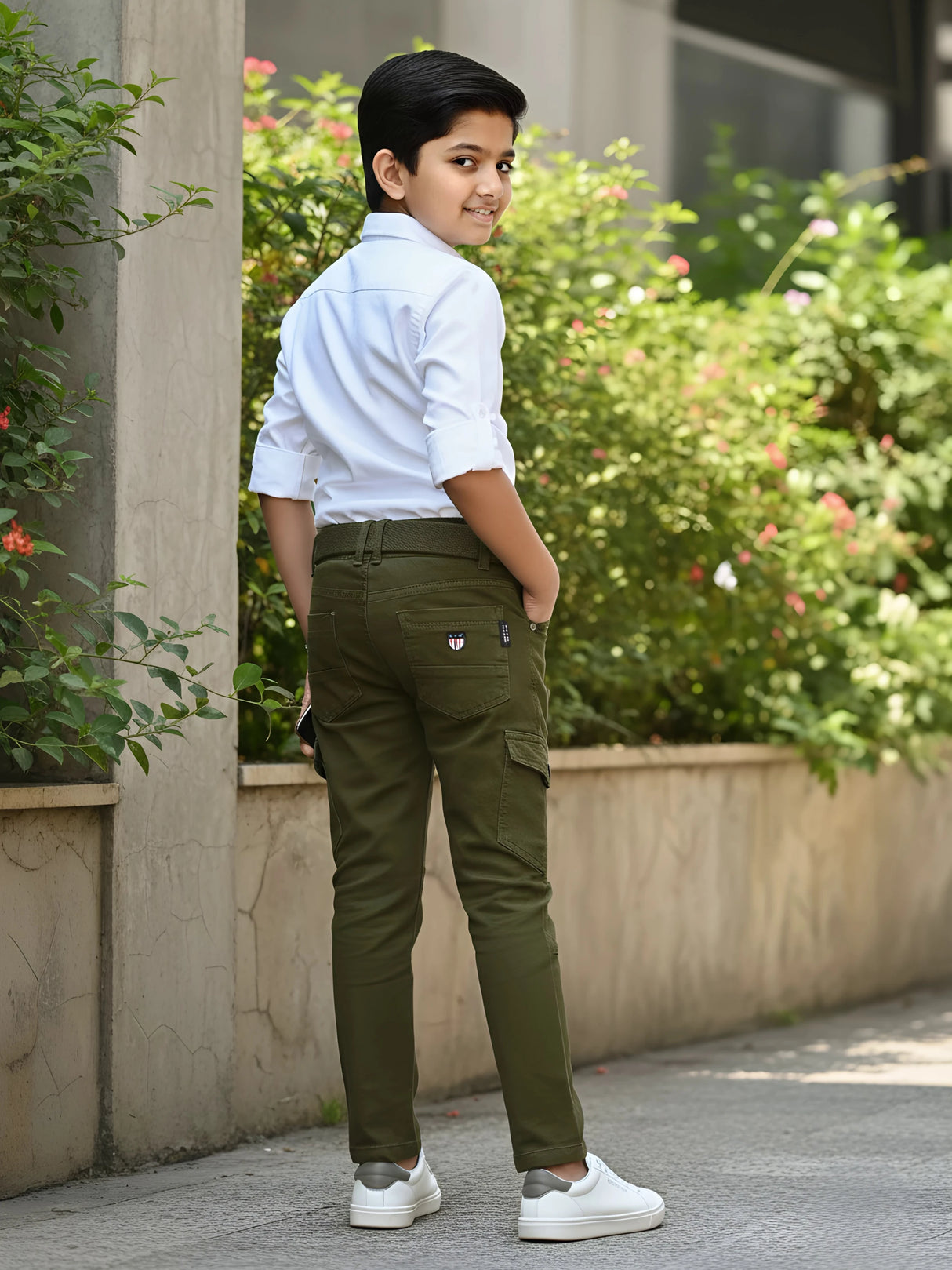 Boys' Olive Green Tactical Utility Cargo Pants with Matching Belt