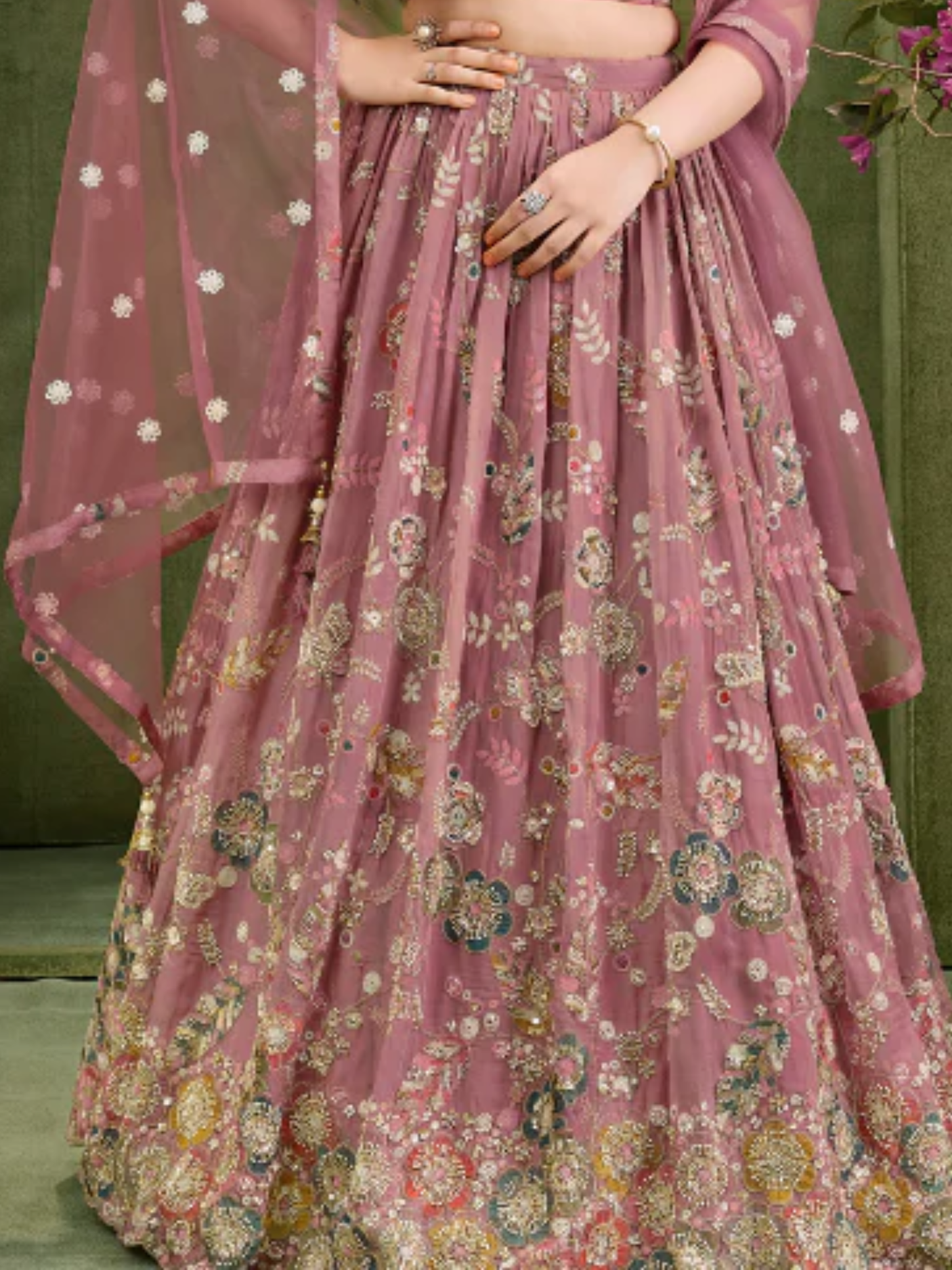 Girls' Dusty Rose / Mauve Heavily Embroidered Net Lehenga Choli Set