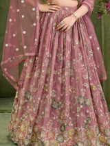 Girls' Dusty Rose / Mauve Heavily Embroidered Net Lehenga Choli Set