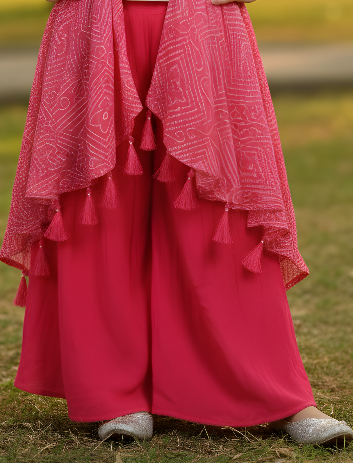 Girls Rani Pink Embroidered Kurta & Sharara Set with Bandhani Shrug