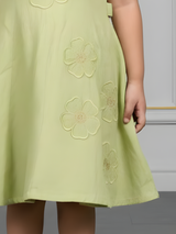 Girls Sage Green Embroidered Puff Sleeve A-Line Frock