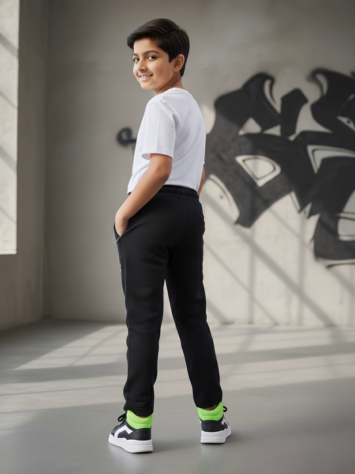 Boys' Black Track Pants with Neon Green Drawstring & Patch