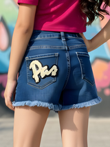 Girls Blue Frayed Denim Shorts with Varsity Patch Detail.