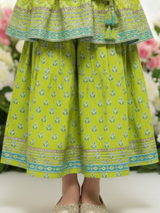 Girls' Elegant Teal Floral Print Angrakha Kurti, Trouser & Dupatta Set