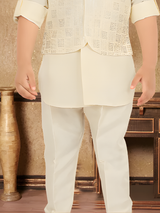 Boys' Natural Cream Bandhgala Jacket with Elephant & Nature Print