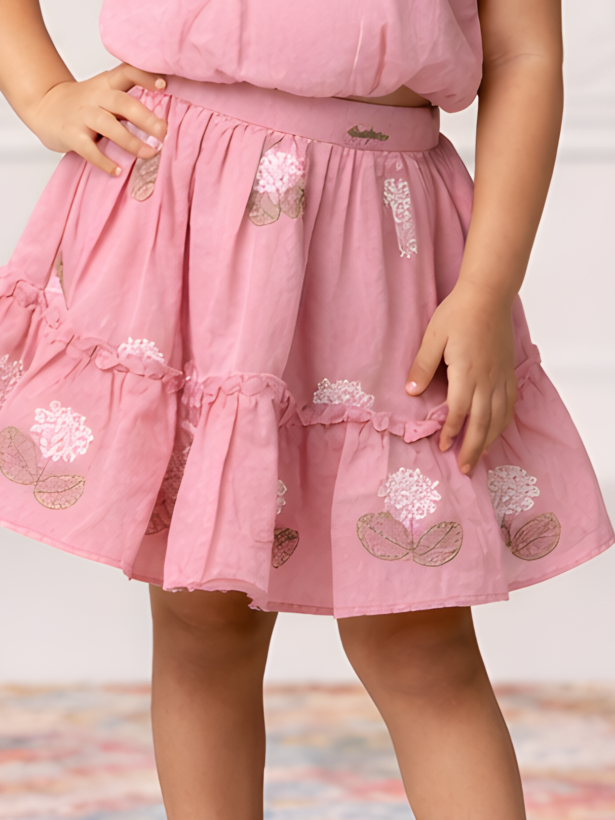 Girls Peach Floral Top & Tiered Skirt Set