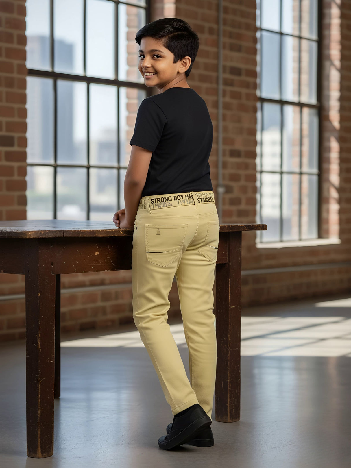 Boys' Premium Cream Cotton Slim Fit Trousers