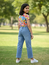 Girls' Floral Patchwork Wide-Leg Blue Denim Jeans