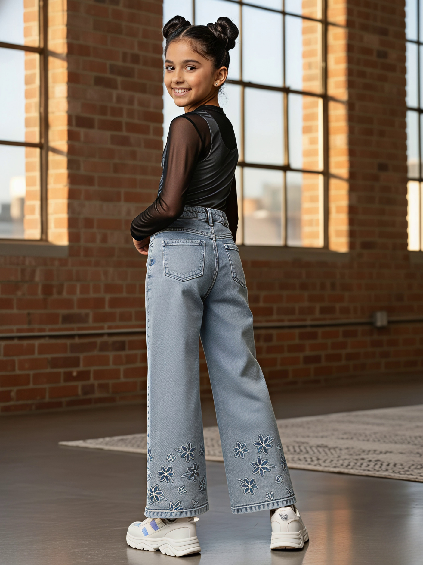 Girls' Light Blue Embroidered Wide-Leg Jeans.