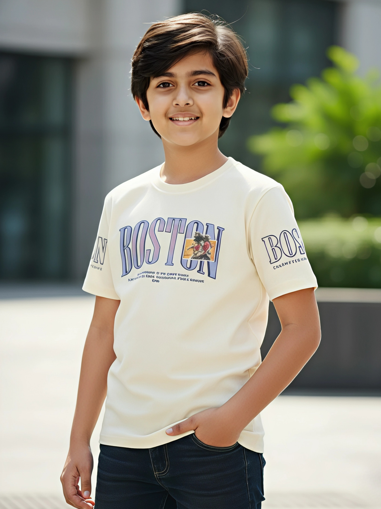 Kids' Boston Graphic Textured Cream T-Shirt