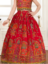 Girls' Festive Red Embroidered Choli and Long Printed Lehenga Set
