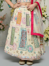 Girls' Cream Lehenga Choli Set with Multi-Color Patchwork and Mirror Work