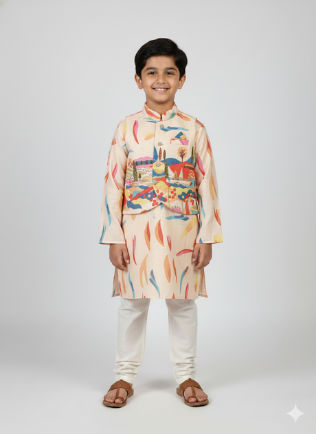 A young boy standing and smiling, wearing a cream long-sleeved kurta and pajama set with a sleeveless, brightly colored abstract-printed Nehru jacket.