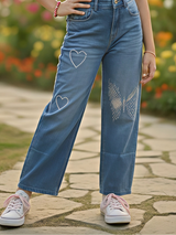 Girls' Embellished Blue Wide-Leg Denim Jeans