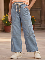 Girls Light Blue Wide-Leg Cargo Jeans with Drawstring Waist