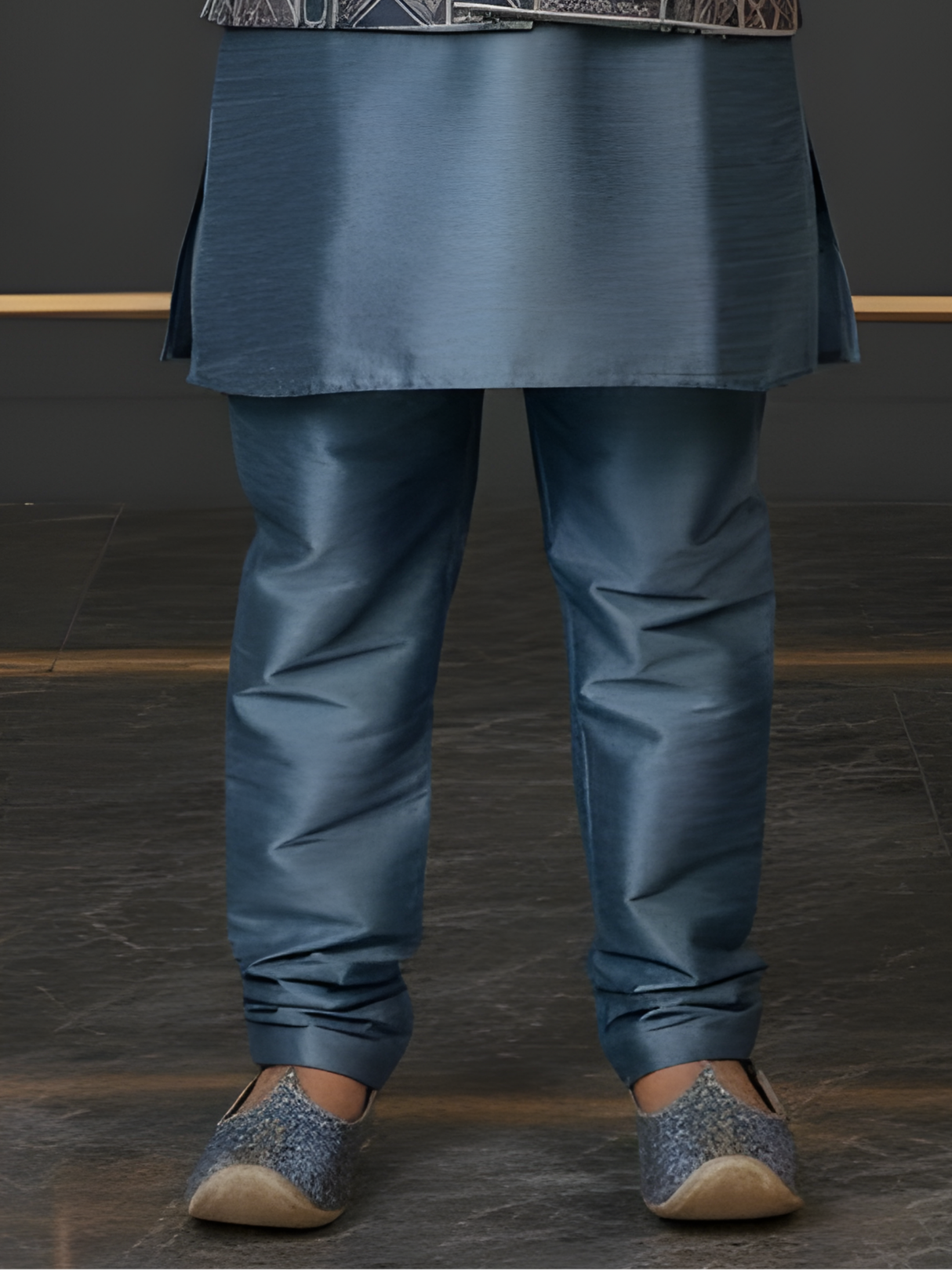 Boys Steel Blue Silk Kurta Set with Geometric Printed Nehru Jacket