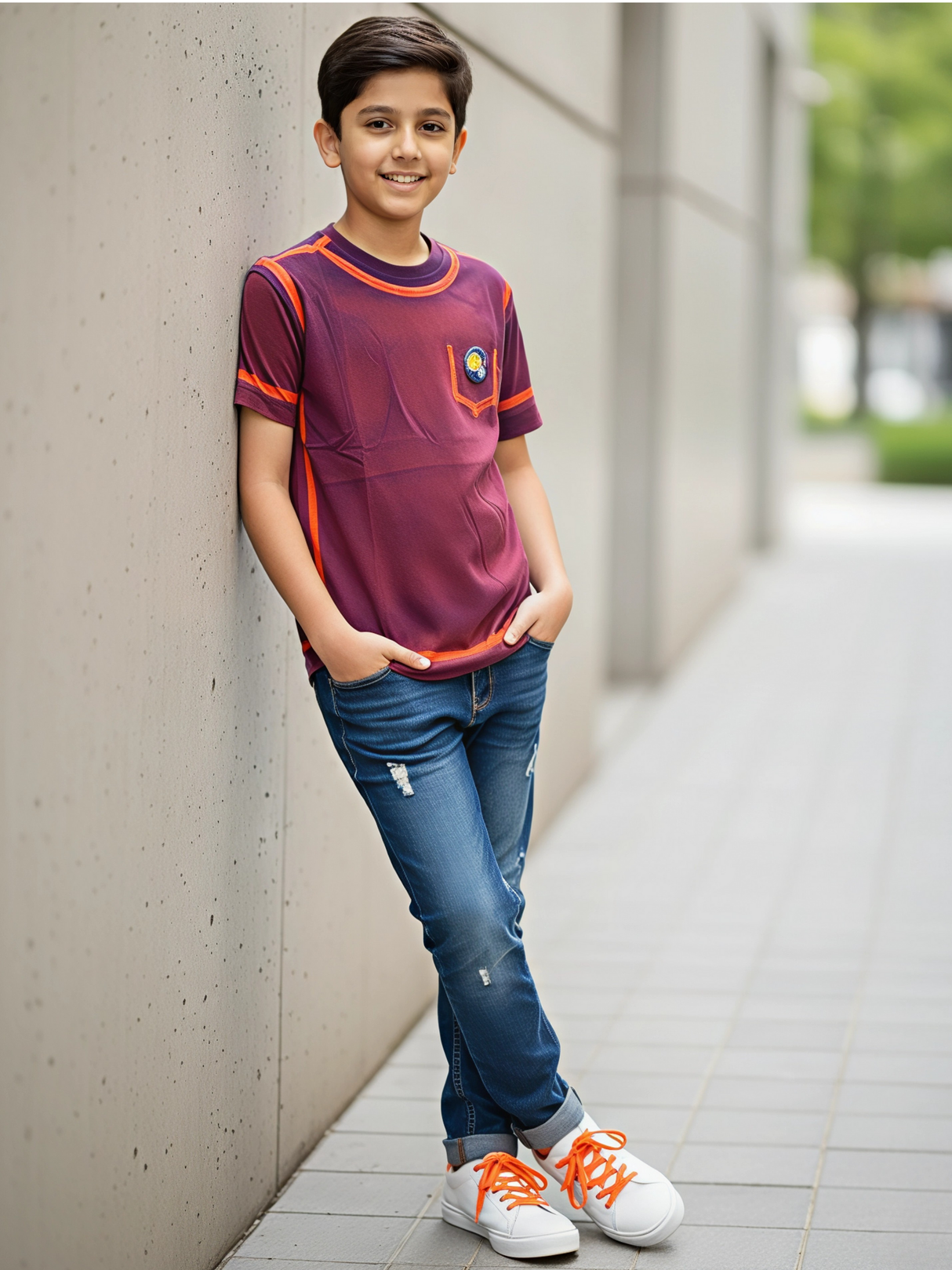 Kids' Smiley Patch Maroon T-Shirt with Contrast Piping