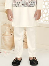 Boy's Cream Kurta Set with Multicolor Printed Nehru Jacket